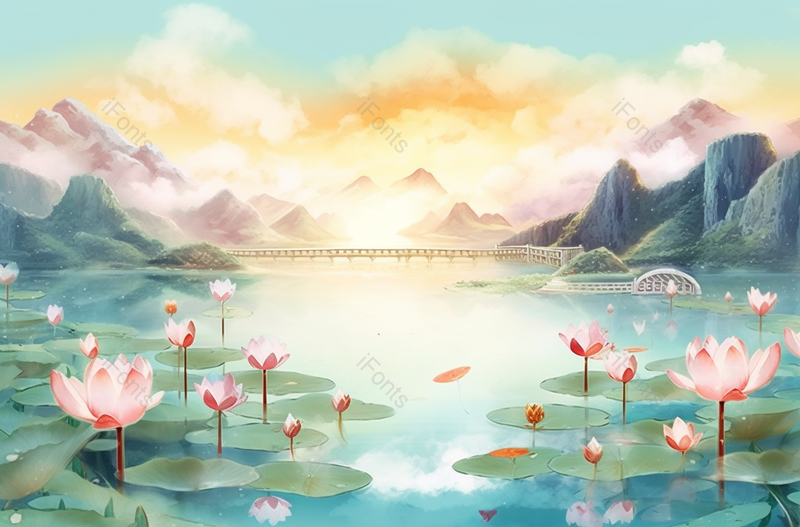 中国复古彩色云山雾绕下的花池,插画/手绘图,插画/手绘图库,插画/手绘图下载,插画/手绘